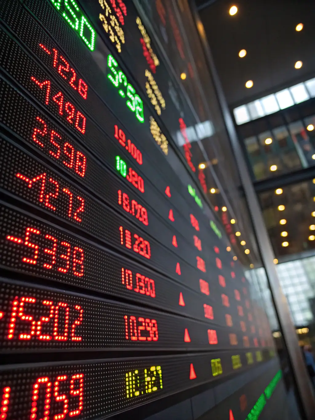 A detailed close-up photograph of a stock market ticker displaying real-time data for various stocks, emphasizing the dynamic nature of the stock market.