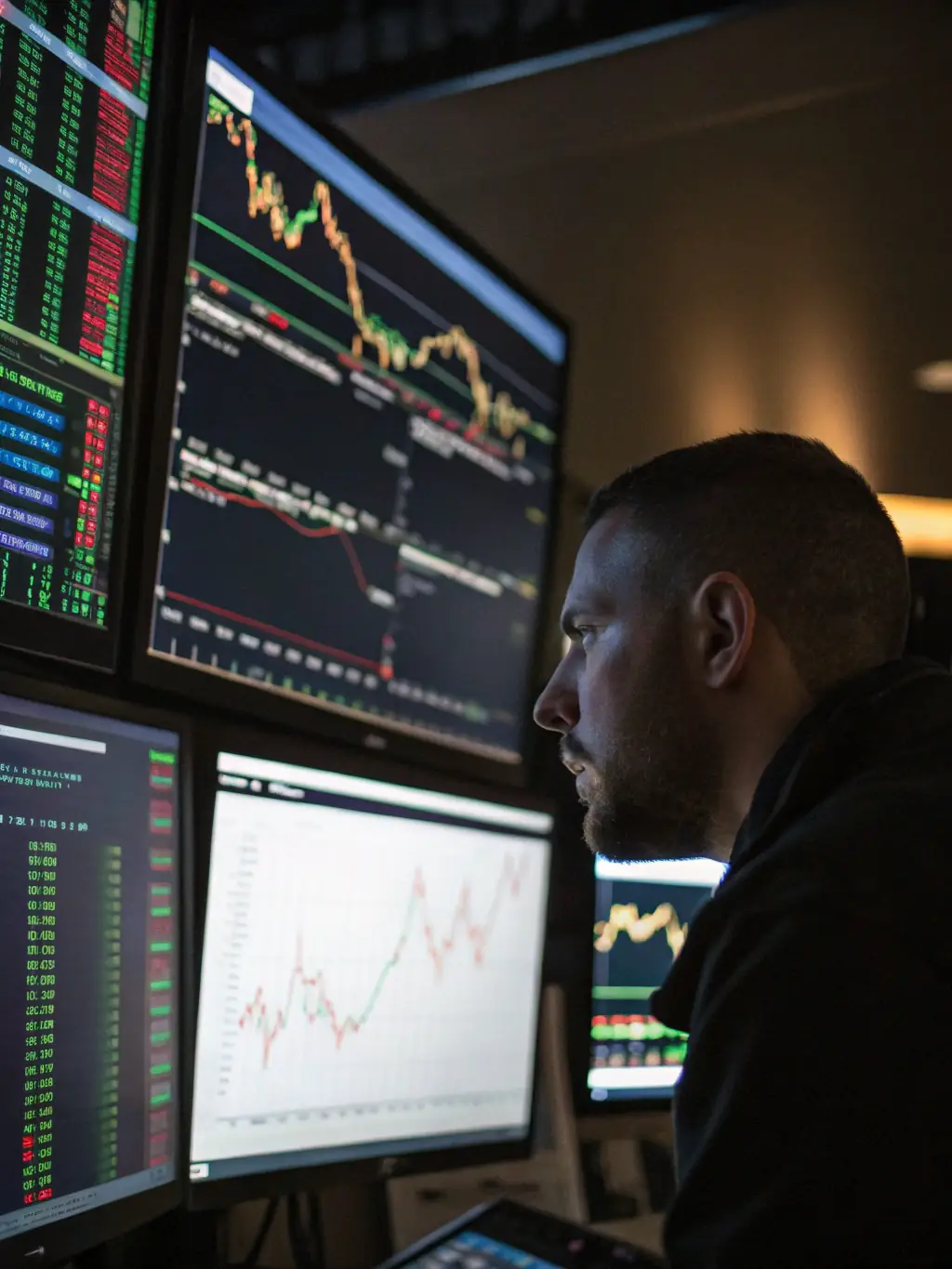 A professional image of a trader analyzing forex charts on multiple monitors, showcasing the complexity and opportunities in forex trading.