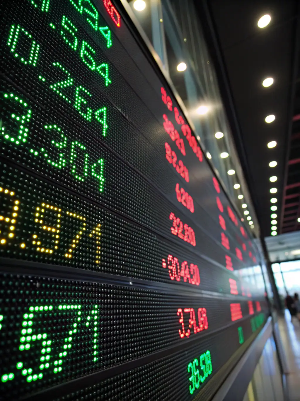 A detailed close-up shot of a stock market ticker board displaying real-time data for various US stocks, emphasizing the dynamic nature of the US market.